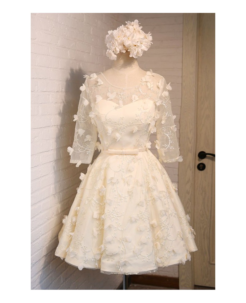 Champagne A-line Scoop Neck Short Tulle Homecoming Dress With Flowers