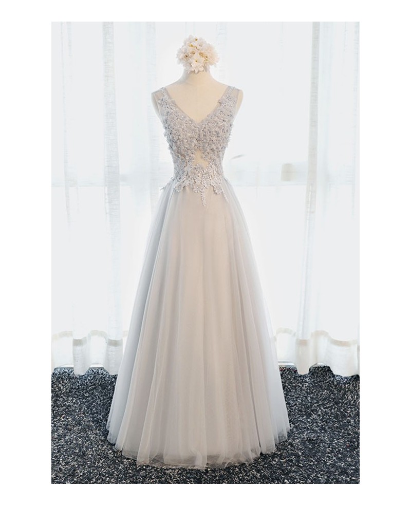 Princess A-line V-neck Floor-length Tulle Prom Dress With Beading