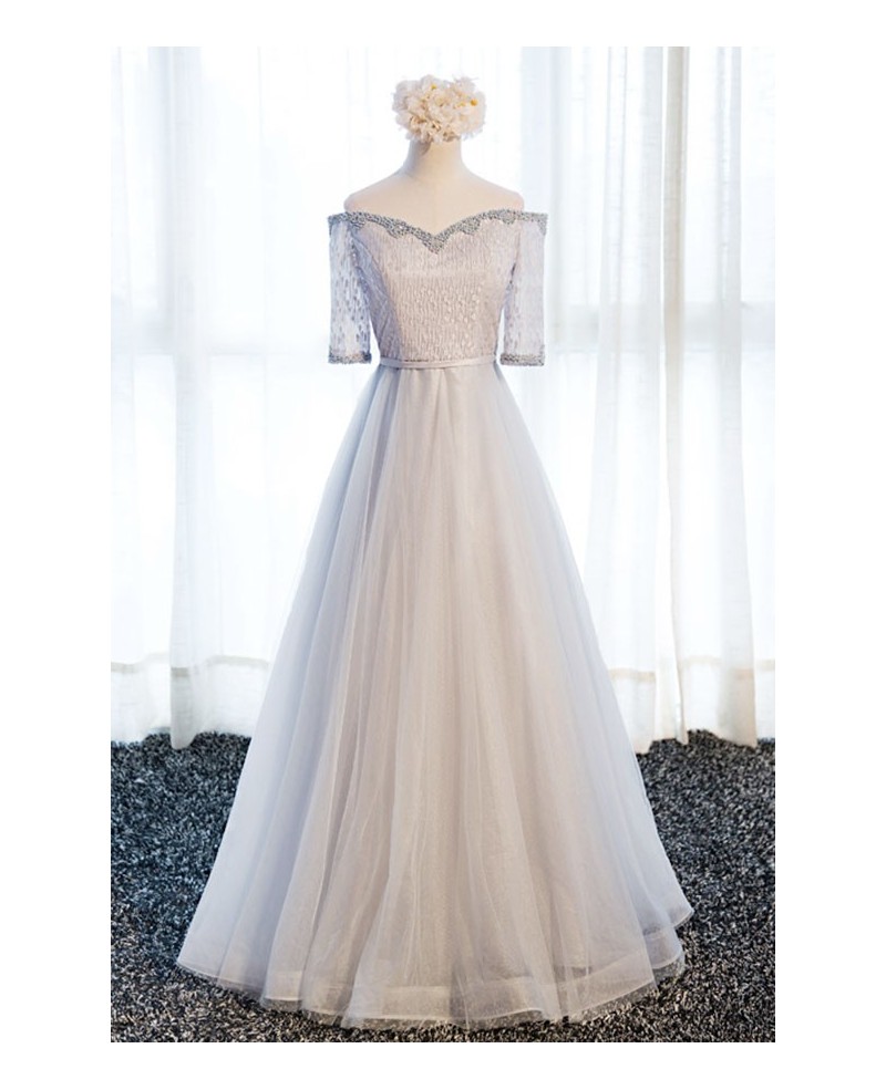 Elegant A-line Off-the-shoulder Floor-length Tulle Prom Dress With Beading