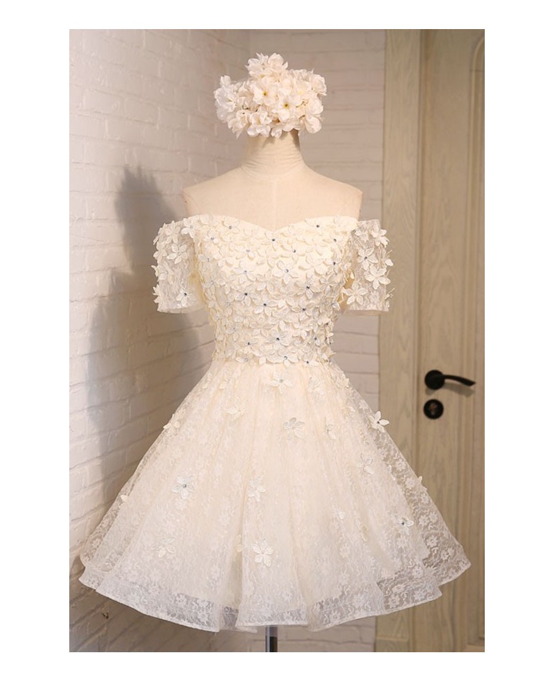 Champagne A-line Off-the-shoulder Short Tulle Homecoming Dress With Flowers - Click Image to Close