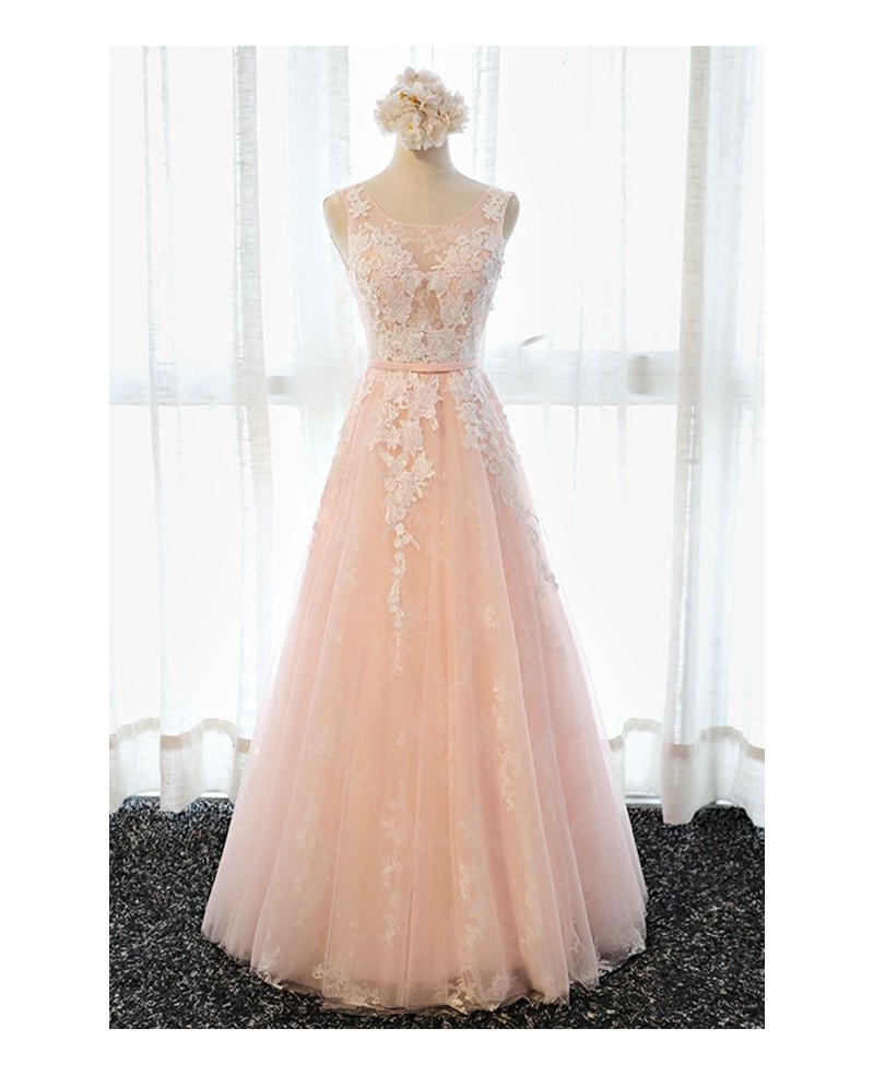 Feminine A-line Scoop Neck Floor-length Tulle Prom Dress With Appliques Lace - Click Image to Close