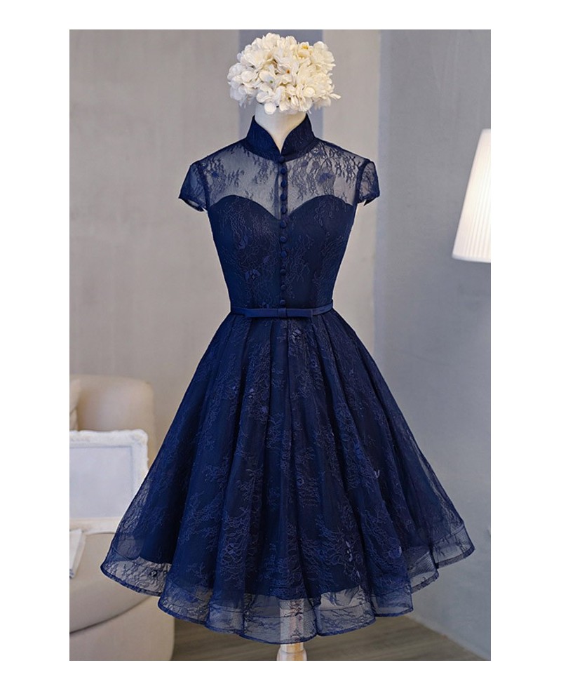 Retro A-line High Neck Knee-length Homecoming Dress With Lace - Click Image to Close