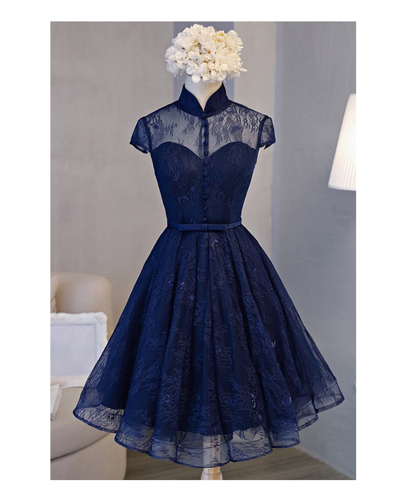 Retro A-line High Neck Knee-length Homecoming Dress With Lace