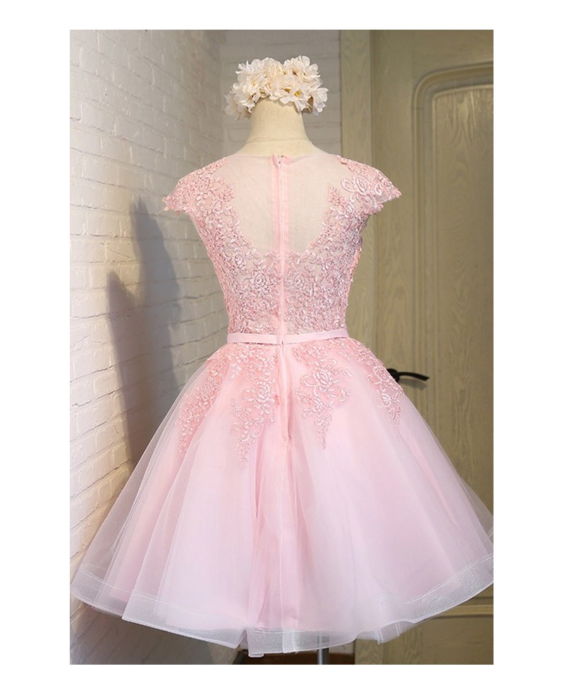 Gorgeous Pink Lace Short Tulle Party Dress with Cap Sleeves - Click Image to Close