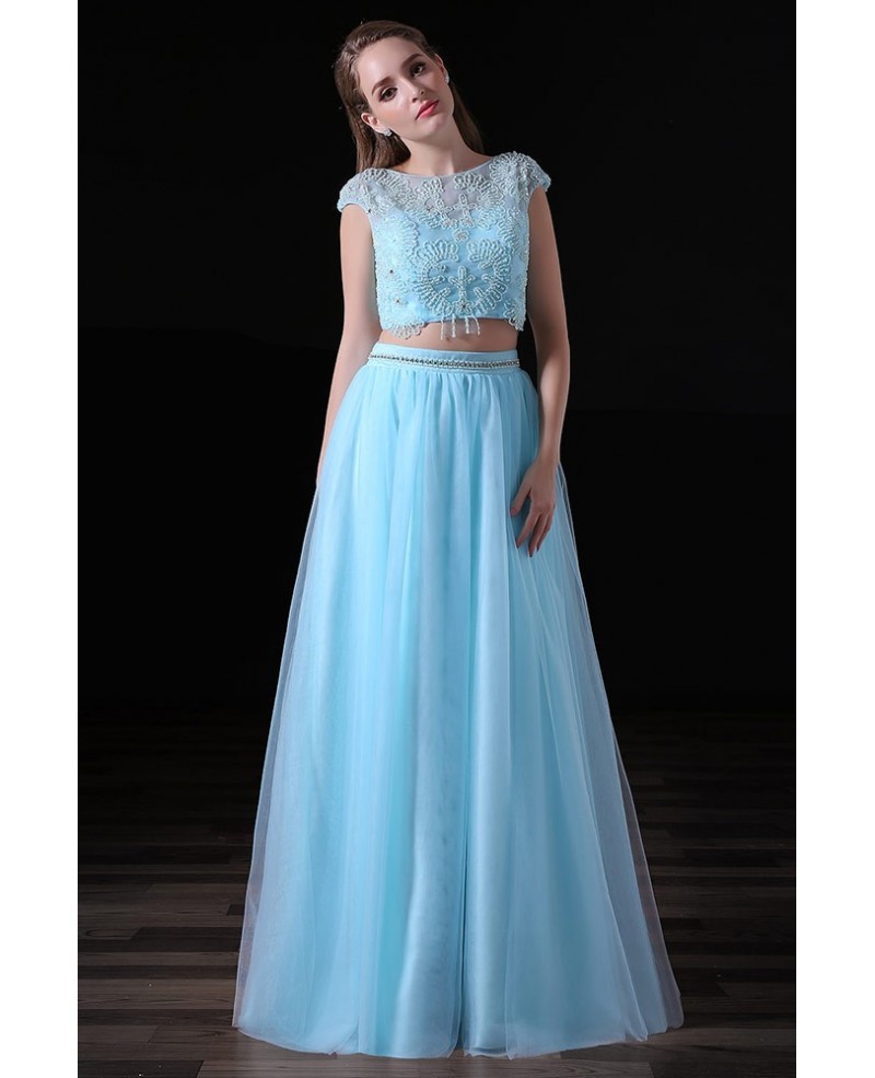 A-line Two Pieces Floor-length Tulle Prom Dress With Beading