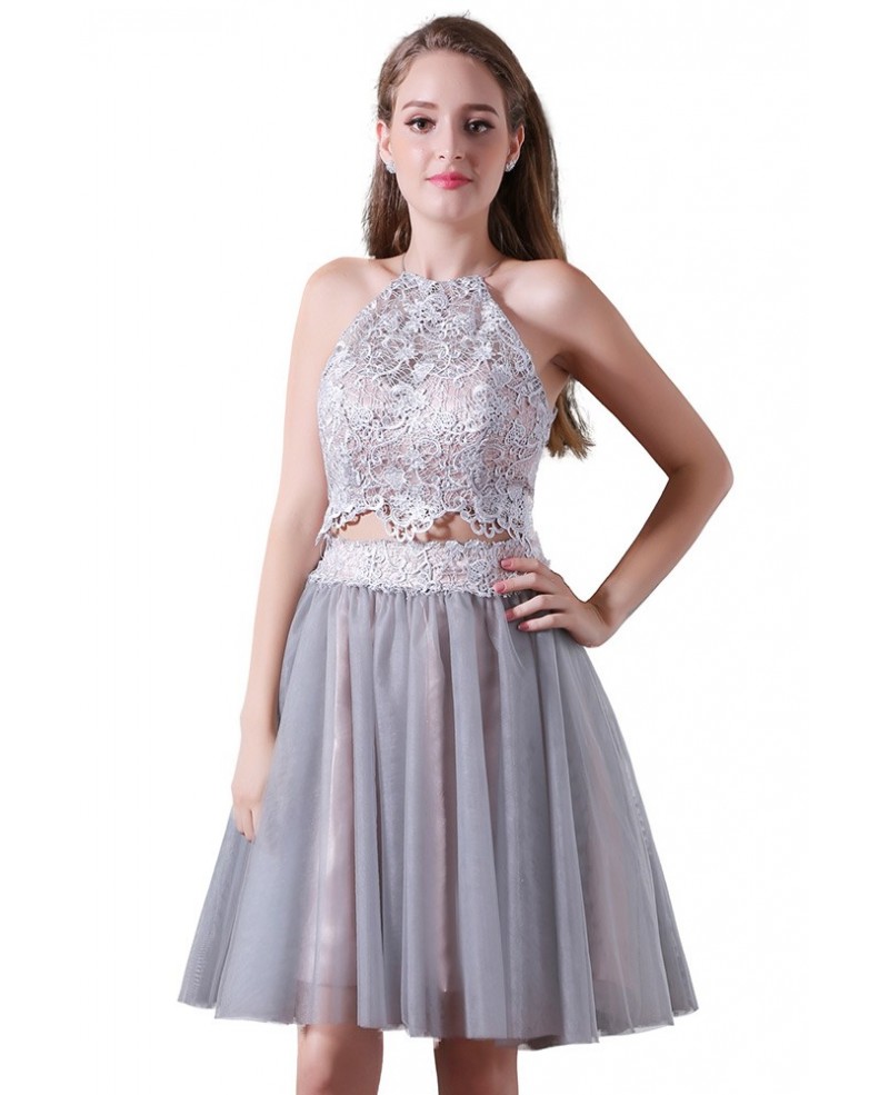 A-line Two Pieces Knee-length Tulle Homecoming Dress With Open Back - Click Image to Close