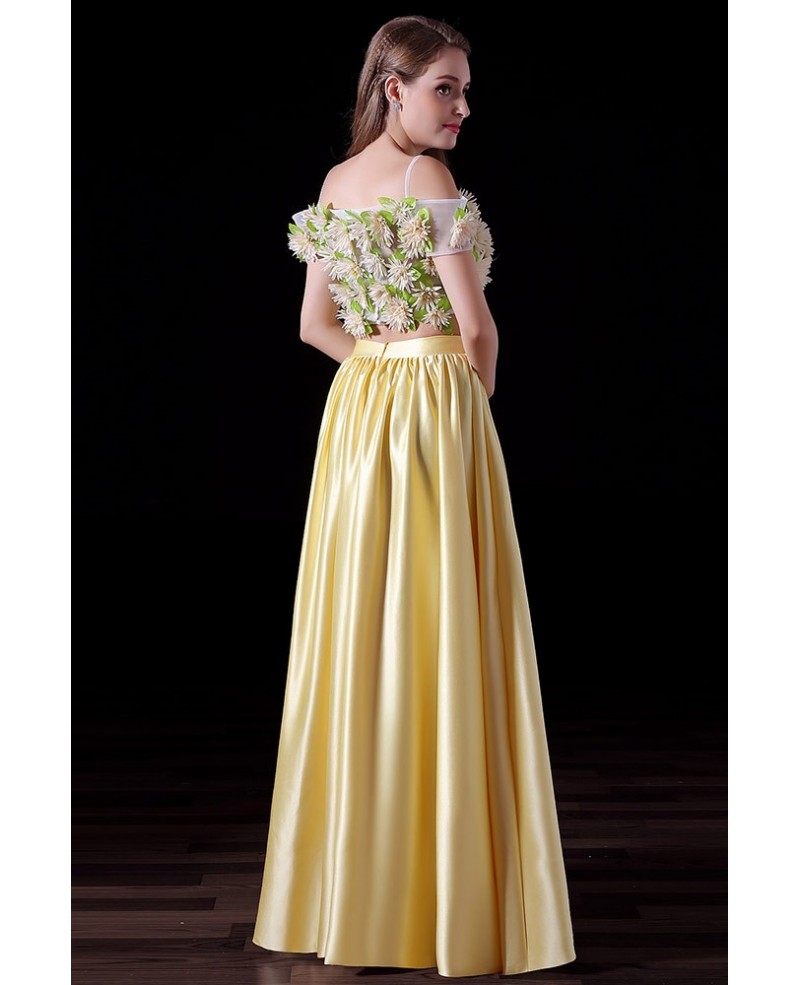 A-line Two Pieces Floor-length Satin Prom Dress With Flowers