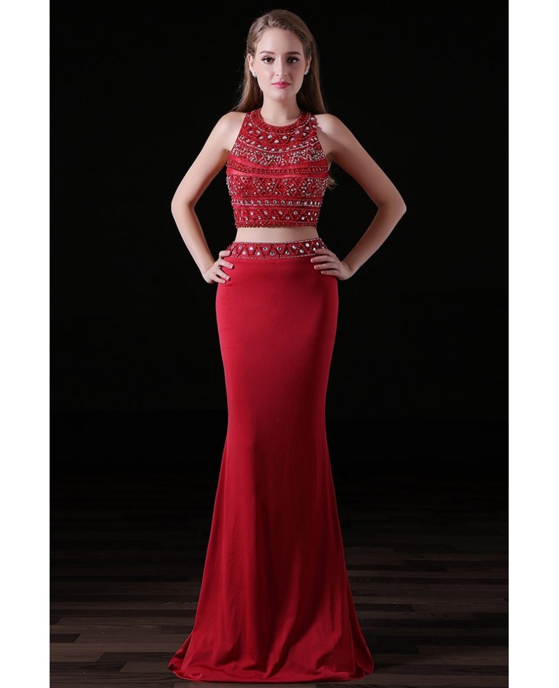 Sheath Two Pieces Floor-length Chiffon Prom Dress With Beading