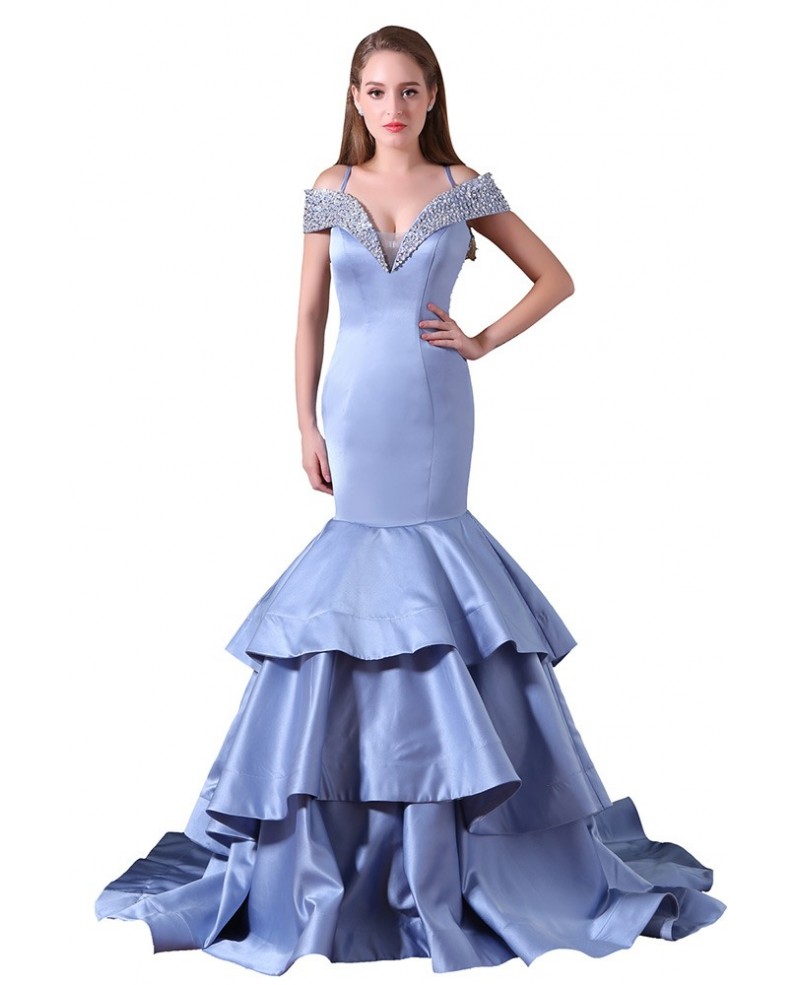 Mermaid Off-the-shoulder Sweep Train Satin Prom Dress With Beading