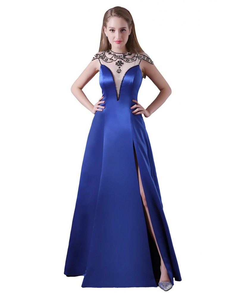 Ball-gown High Neck Floor-length Satin Prom Dress With Beading