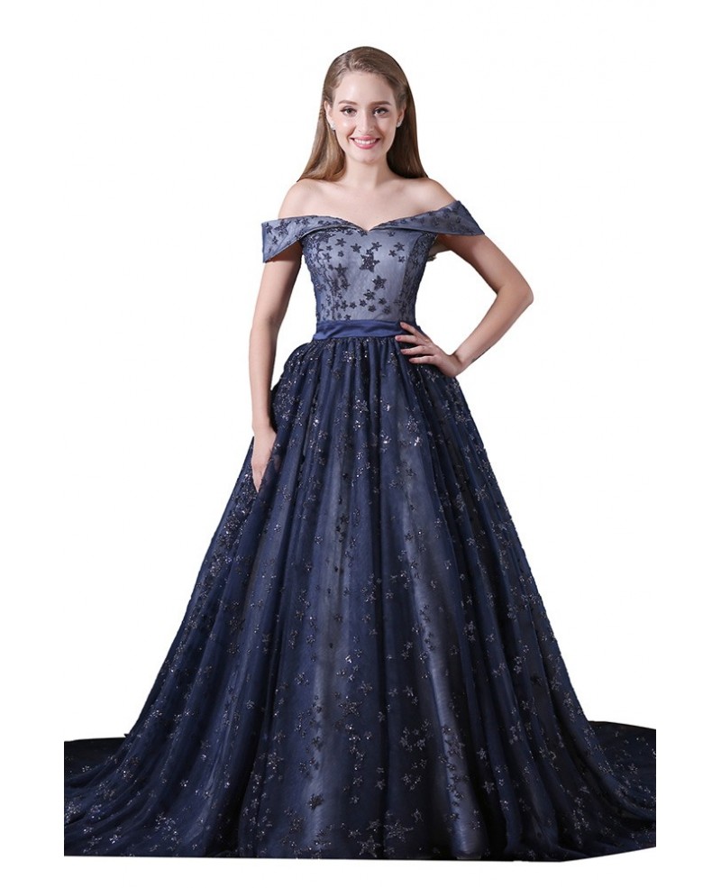 Ball-gown Off-the-shoulder Court Train Tulle Prom Dress - Click Image to Close