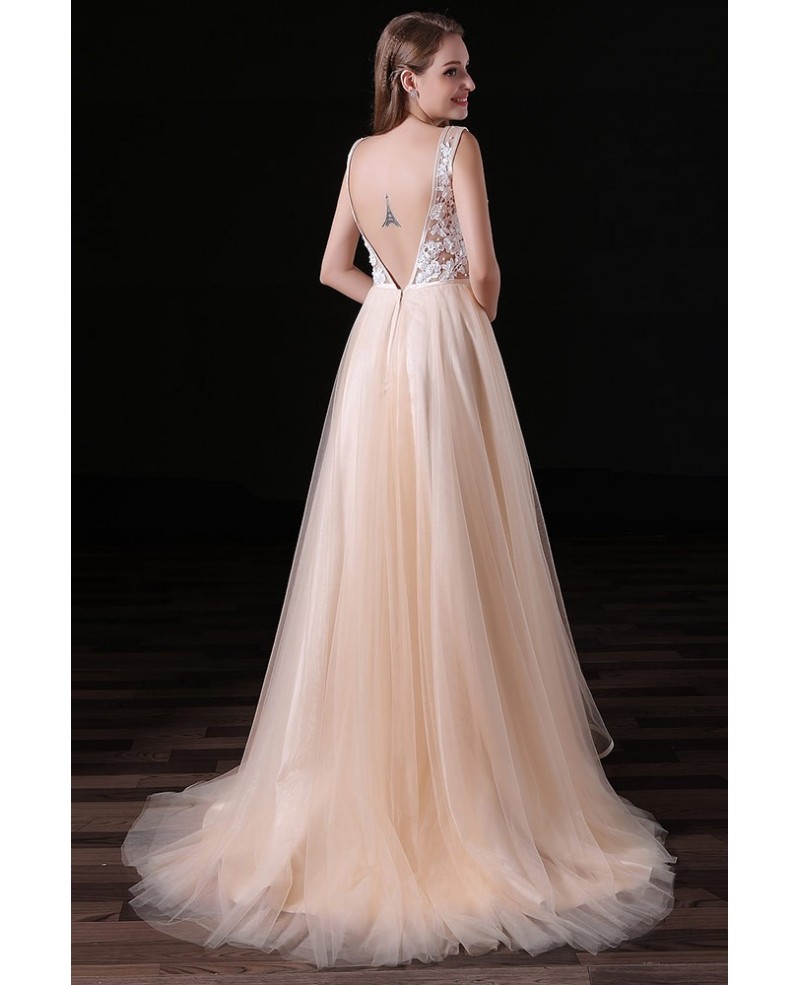 A-line V-neck Sweep Train Tulle Prom Dress With Lace