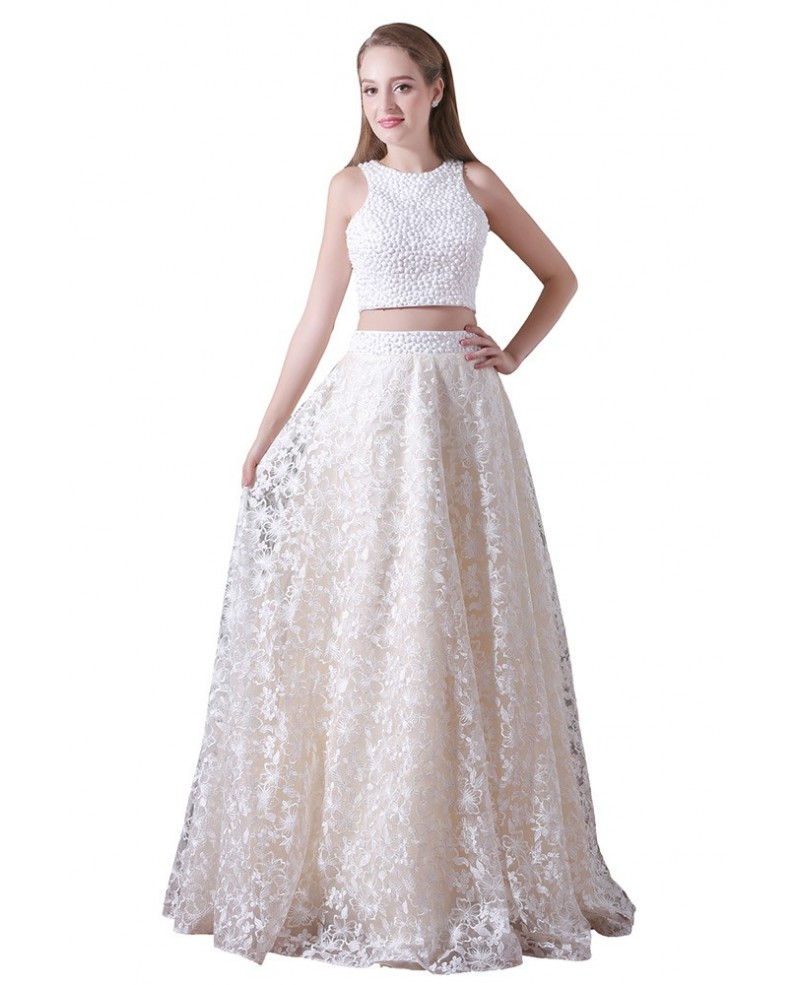 A-line Two Pieces Floor-length Lace Prom Dress With Beading