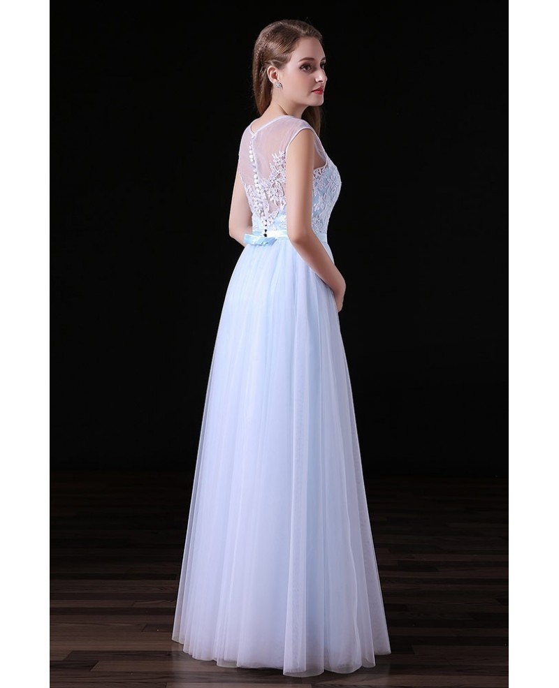 A-line Scoop Neck Floor-length Tulle Prom Dress With Lace - Click Image to Close