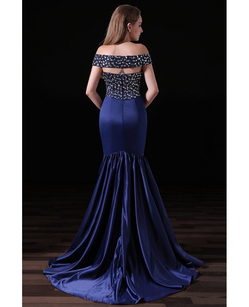 Mermaid Off-the-shoulder Sweep Train Satin Prom Dress With Beading - Click Image to Close