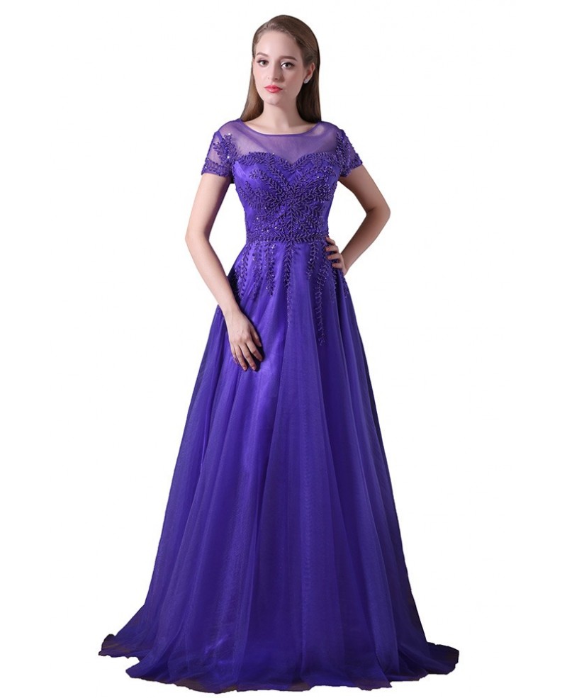 A-line Scoop Neck Floor-length Tulle Prom Dress With Appliques Lace