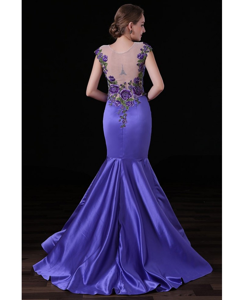 Mermaid Scoop Neck Sweep Train Satin Prom Dress With Appliques lace