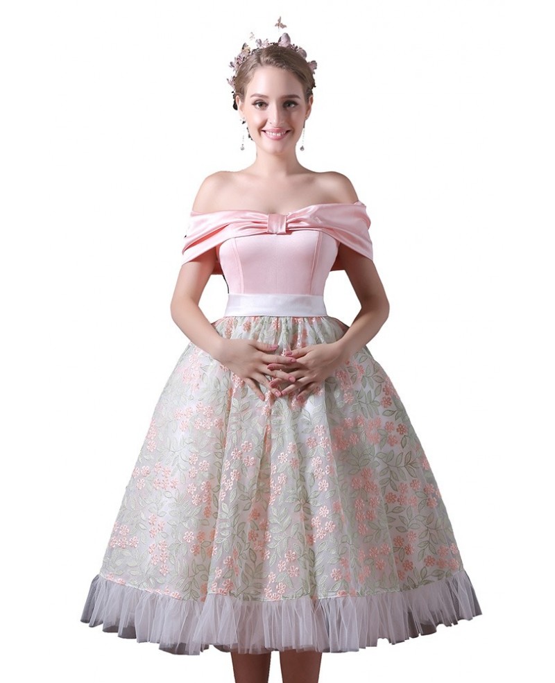 Ball-gown Off-the-shoulder Tea-length Tulle Homecoming Dress With Open Back - Click Image to Close