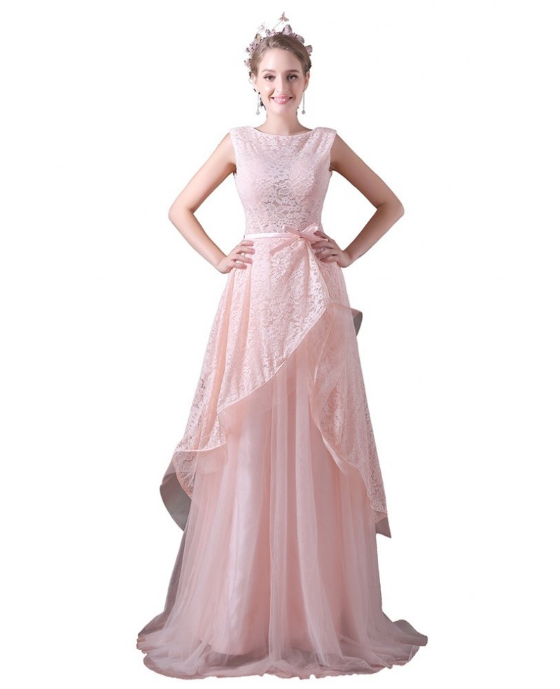 A-line Scoop Neck Floor-length Tulle Prom Dress With Lace