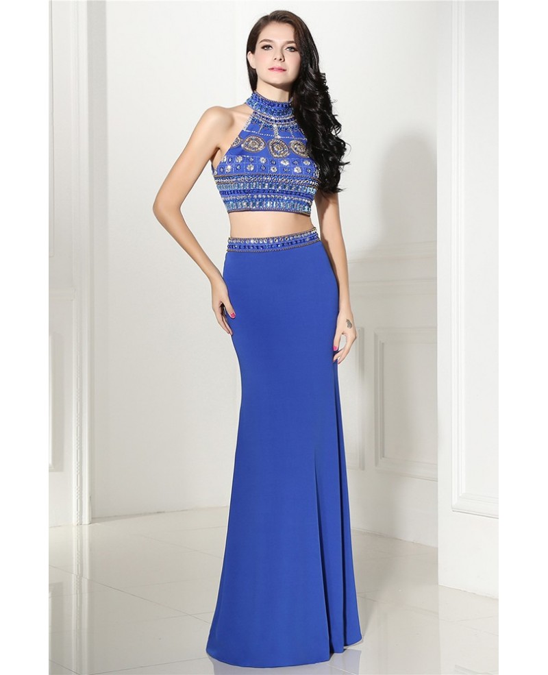 Popular Two Piece Long Blue Prom Dress with Beading