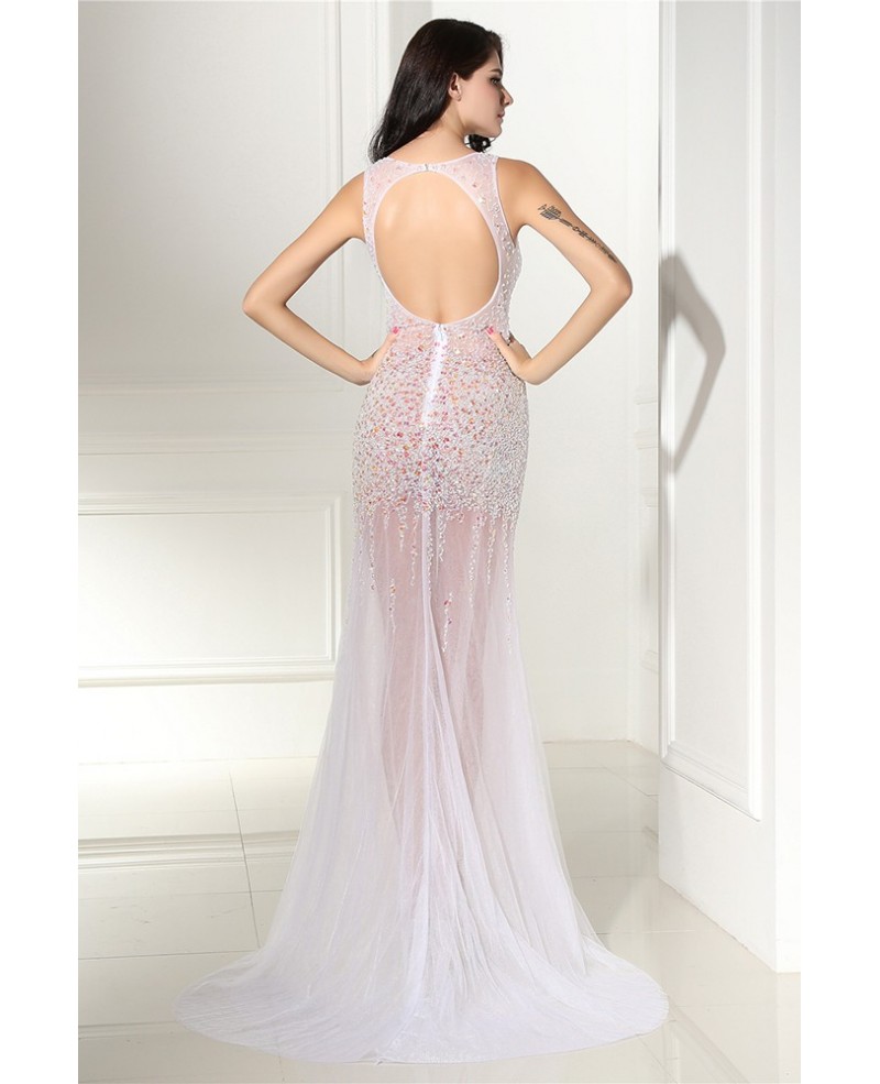 Charming See-through Long Tulle V-neck Prom Dress with Beading