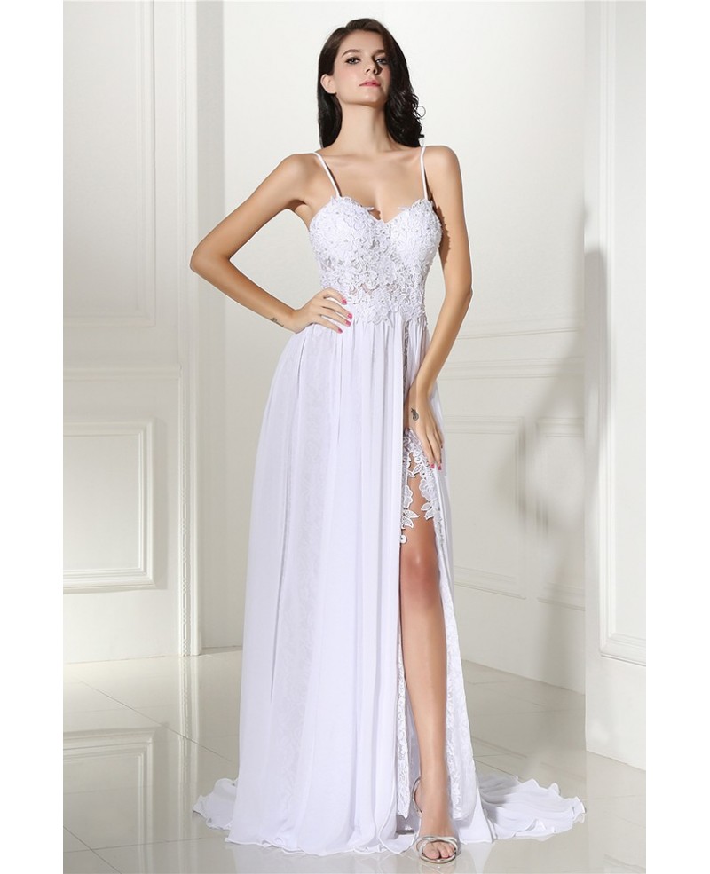 Boho Lace Spaghetti Straps White Formal Dress with Slit - Click Image to Close