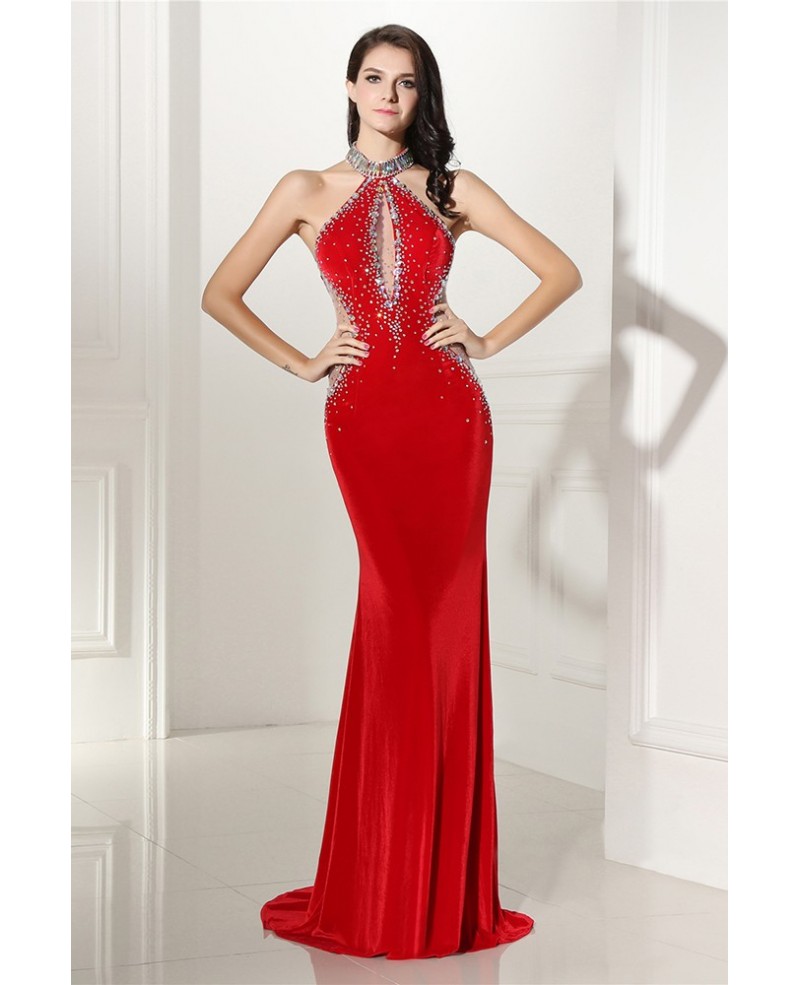 Beaded Long Halter Red Sleek Prom Formal Gown Sweep Train - Click Image to Close