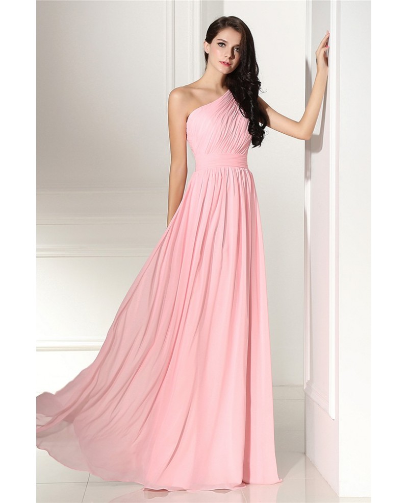 Simple Elegant Pleated One Shoulder Pink Formal Dress - Click Image to Close