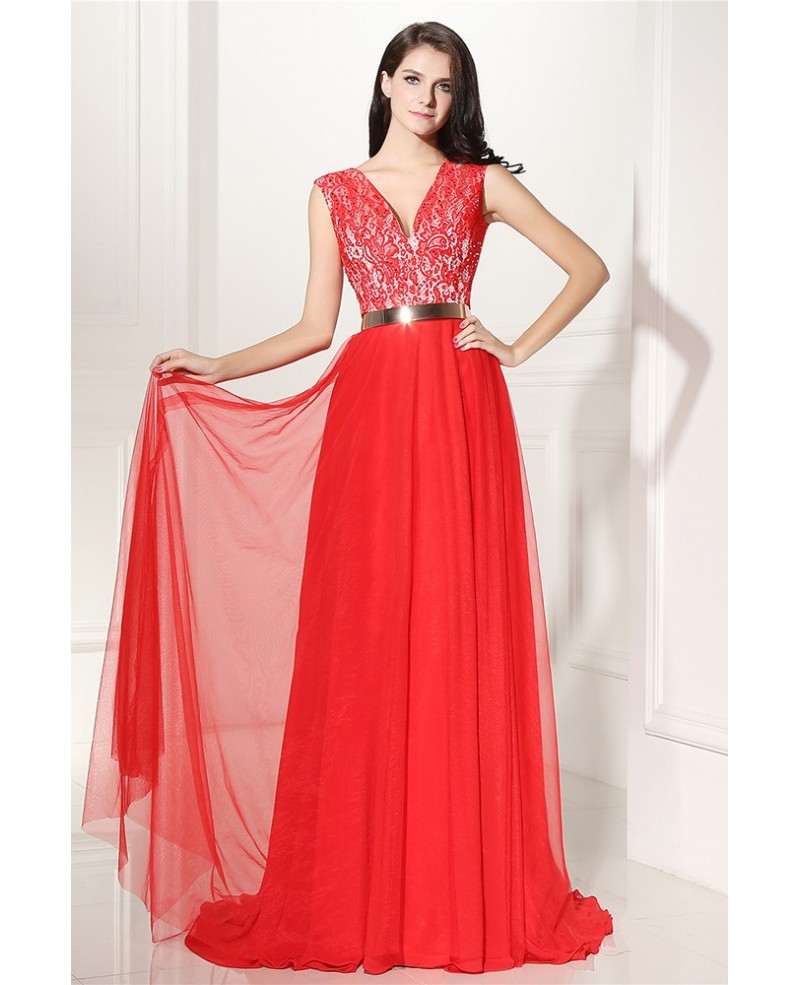 V-neck Lace and Tulle Long Formal Prom Dress with Belt