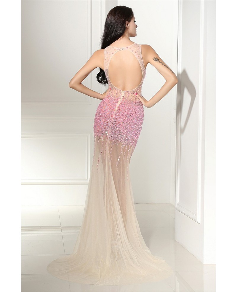 Pink Beading with White Long Tulle Sexy Prom Dress