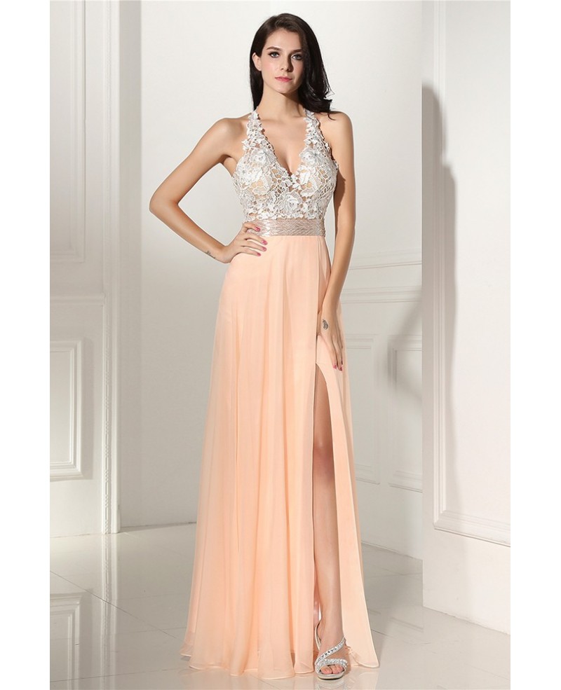 Sleeveless Lace V-neck Slit Coral Chiffon Prom Dress