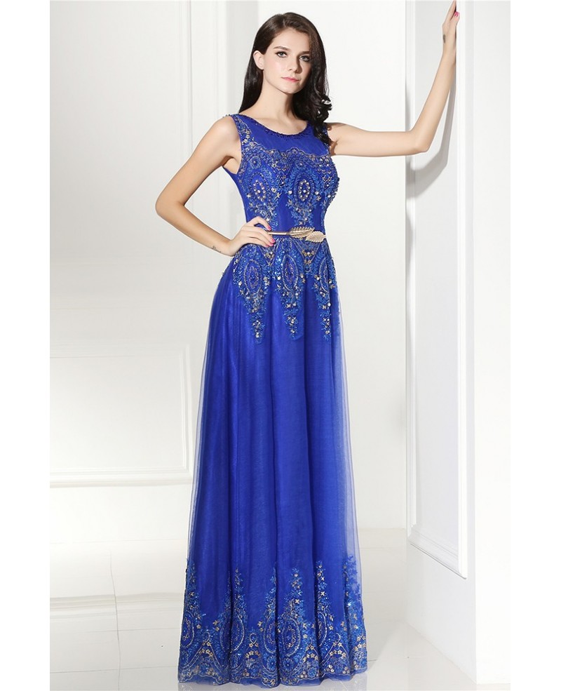 Royal Blue Embroidery on Tulle Long Prom Dress