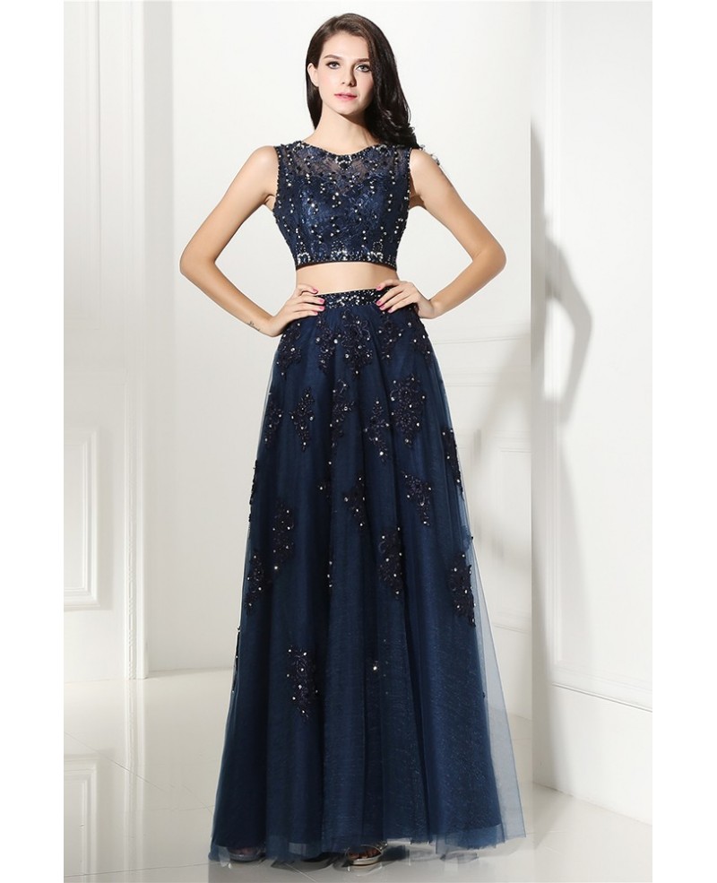 Two Piece Navy Blue Lace Long Tulle Prom Dress - Click Image to Close