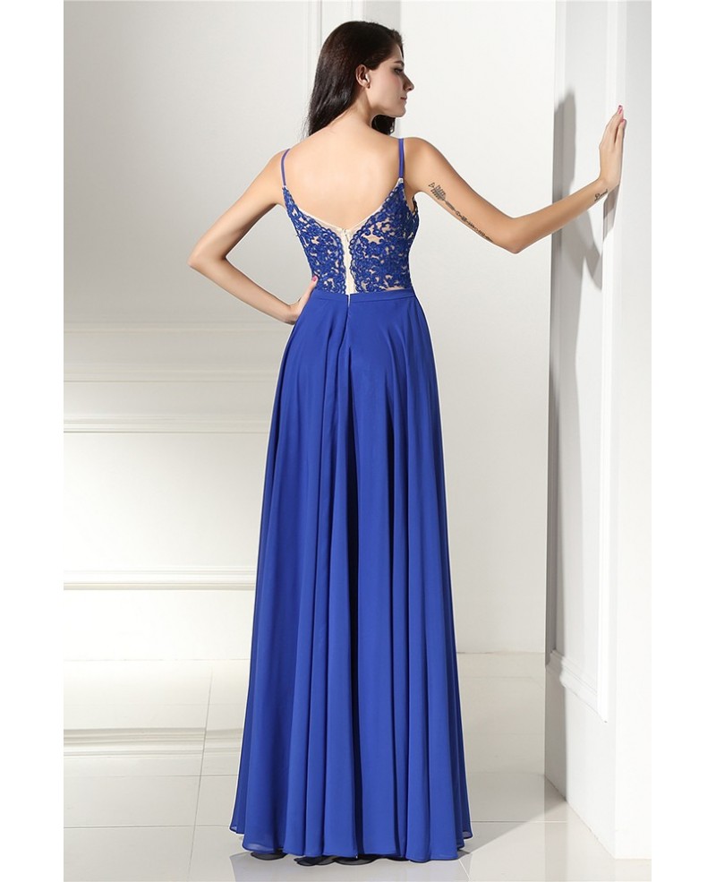 Classy Lace Empire Line Blue Chiffon Prom Dress