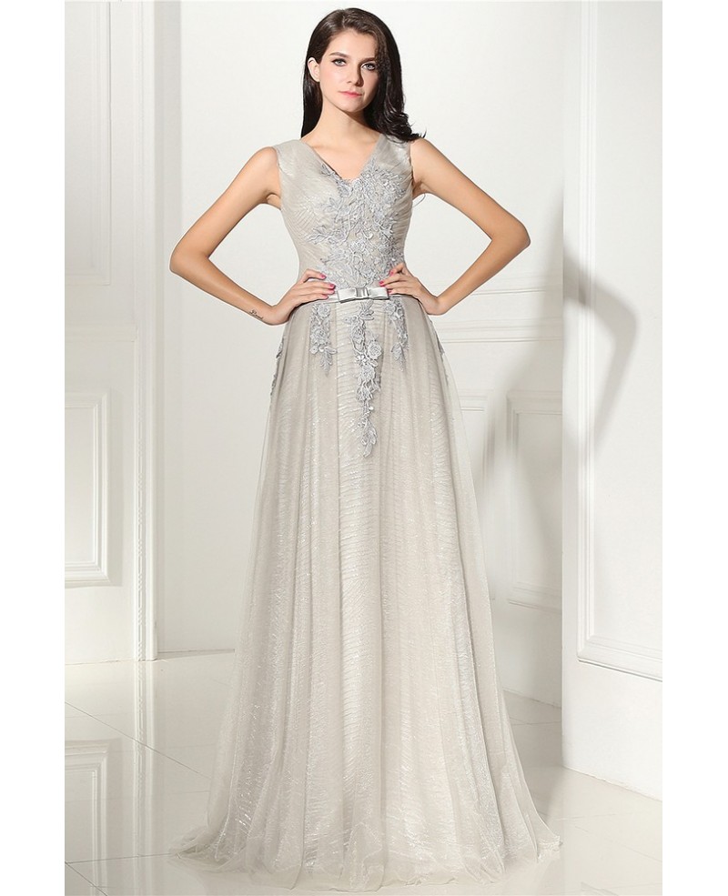 Special Grey Lace Tulle Long Prom Dress