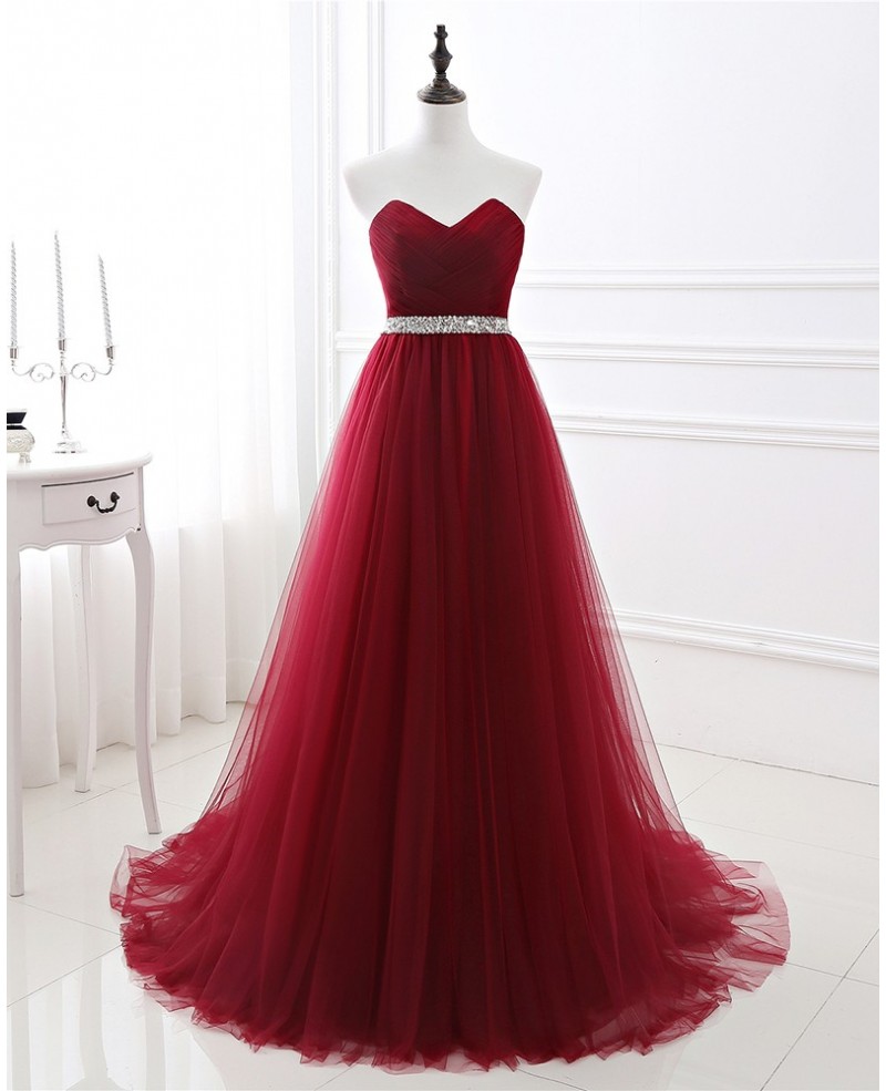 Formal Long Tulle Prom Dress with Beaded Waist