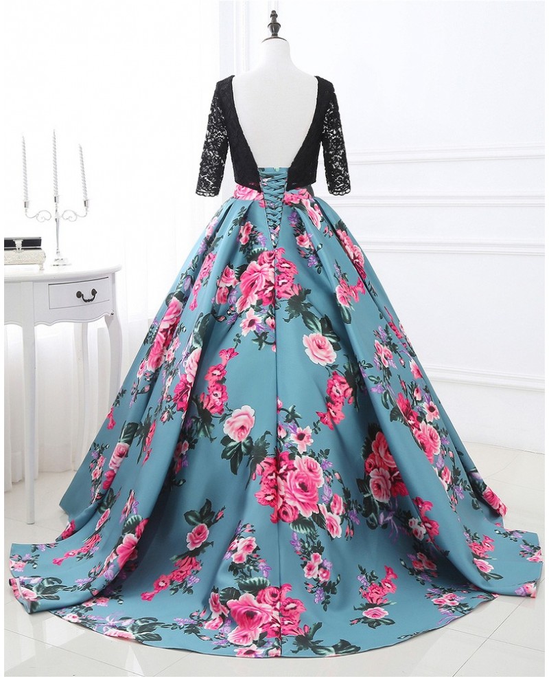 Two Piece Black Lace and Floral Prom Dress Half Sleeves - Click Image to Close
