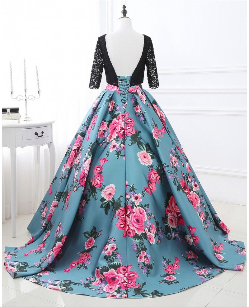 Two Piece Black Lace and Floral Prom Dress Half Sleeves