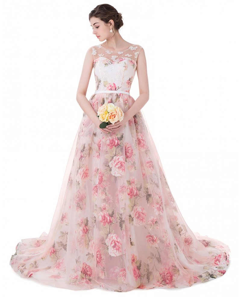 Floral Long Train Length Sleeveless Formal Party Dress - Click Image to Close
