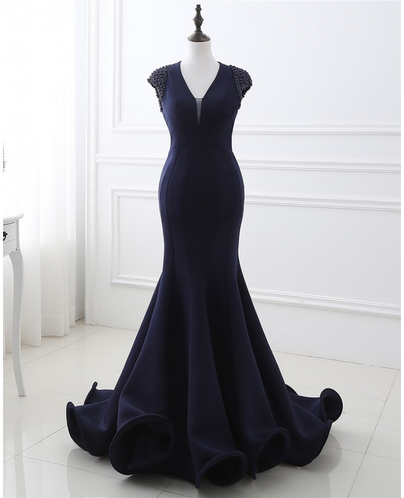 Navy Beaded Cap Sleeves Mermaid Long Formal Evening Dress - Click Image to Close