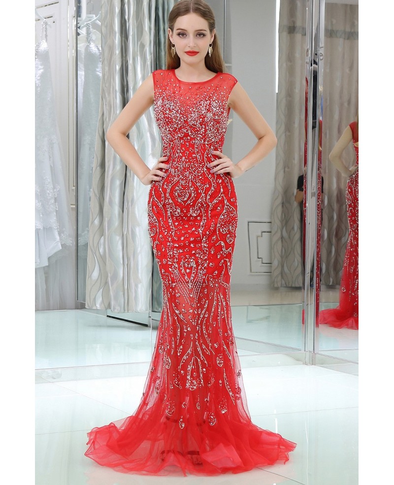 Sparkly Beading Tulle Mermaid Red Prom Dress With Sequins - Click Image to Close