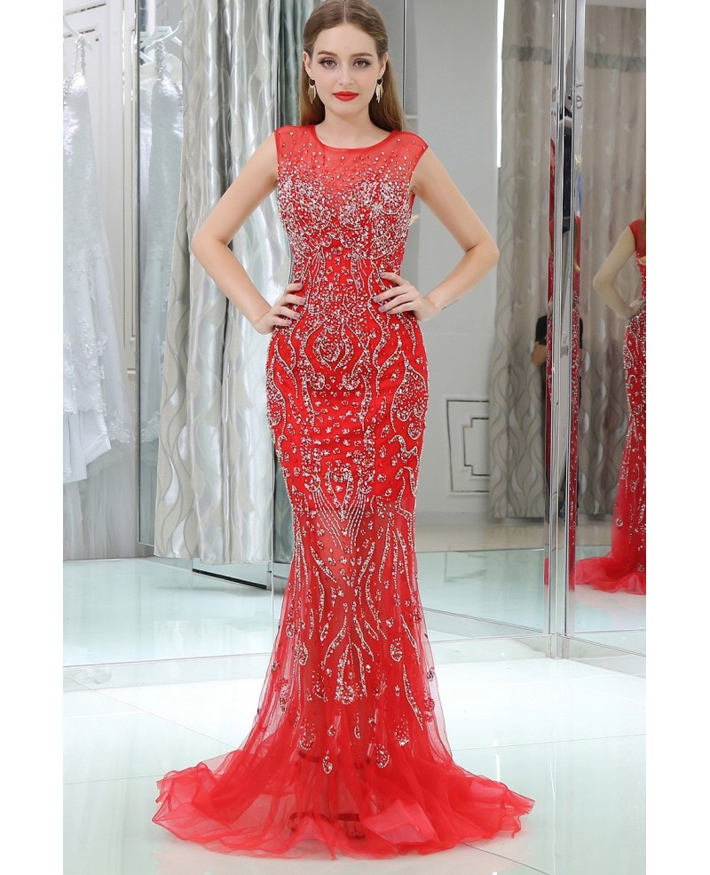 Sparkly Beading Tulle Mermaid Red Prom Dress With Sequins