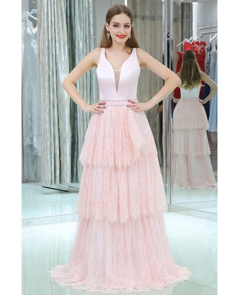 Deep V Cute Pink Layered Lace Prom Dress With Sweep Train