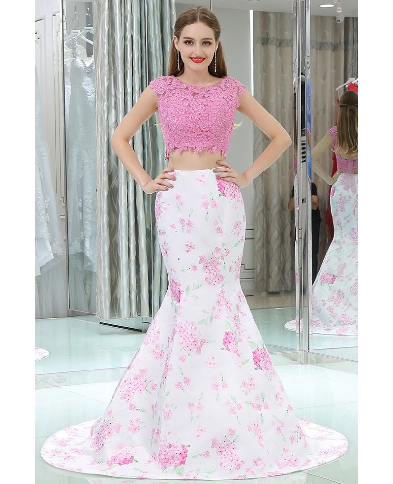 Two Pieces Mermaid Floral Pink Prom Dress With Beading