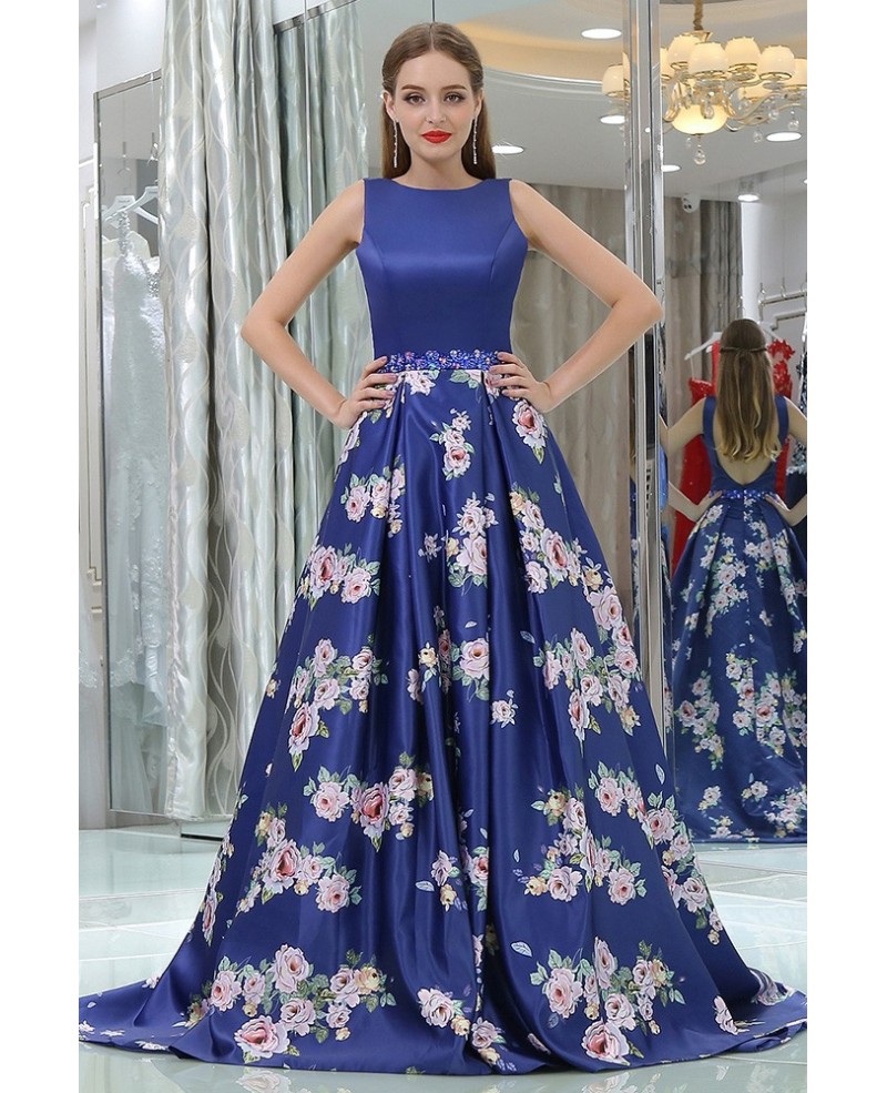 Floral Printed Royal Blue Beaded Satin Evening Gown For Prom Girls