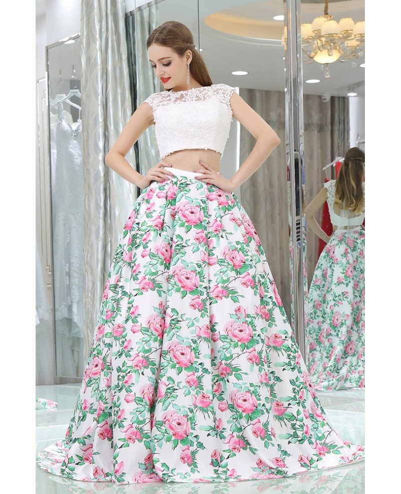 Beautiful Floral Print White Lace Prom Gown In 2 Piece For Women - Click Image to Close