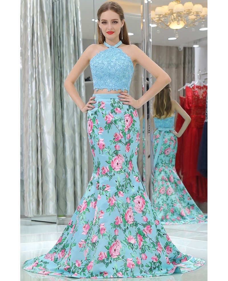 Gorgeous Two Pieces Blue Lace Mermaid Prom Dress With Floral Print - Click Image to Close