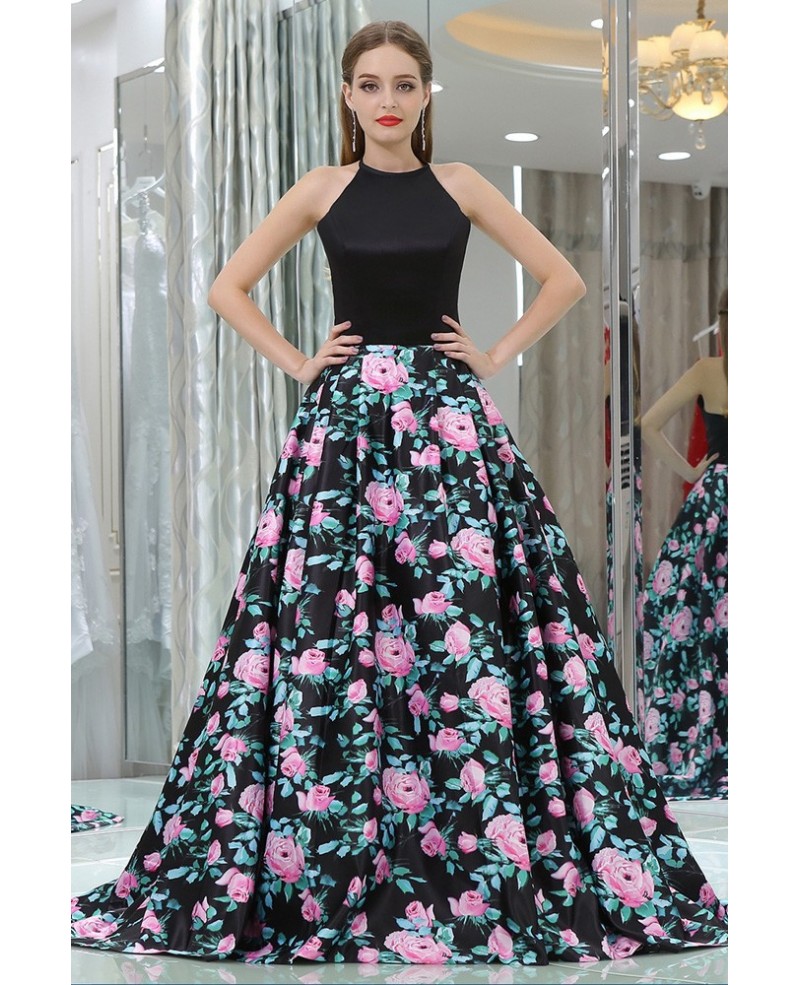 Unique Long Satin Black Printed Floral Prom Gowns With Halter Neck