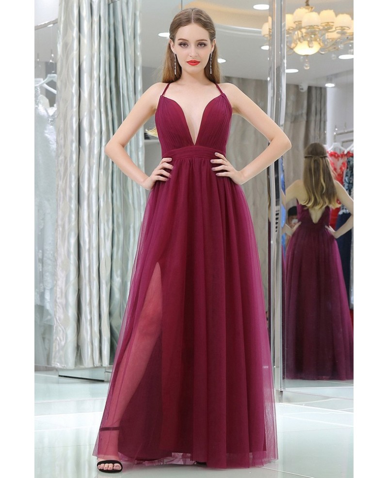 Burgundy Deep V Pleated Tulle Evening Dress With Split Front - Click Image to Close