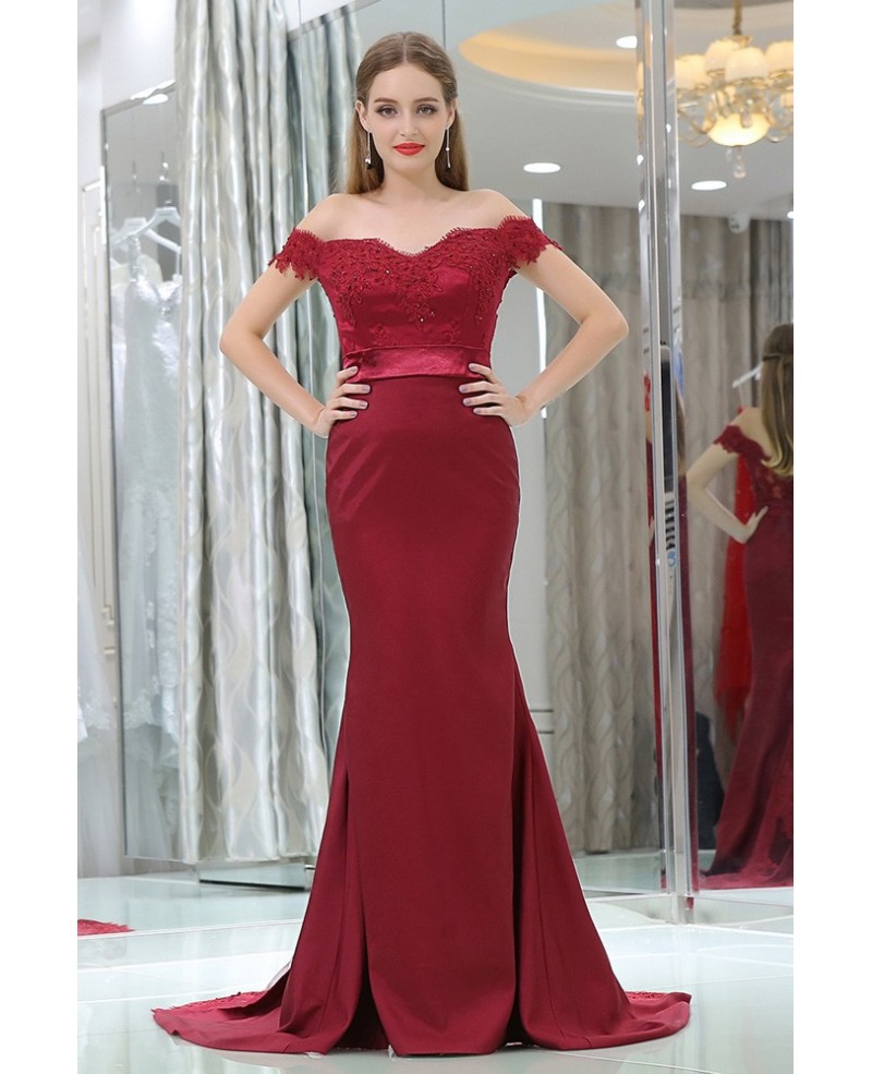 Off Shoulder Burgundy Lace Satin Formal Evening Dress In Mermaid Style